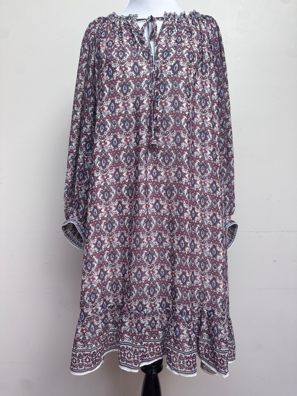 Max Studio London Long Sleeve Paisley Floral Mini Dress Burgundy White Size L